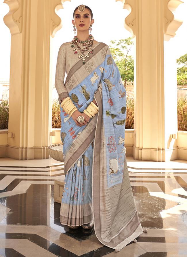 Silk Aqua Blue Traditional Wear Printed Saree